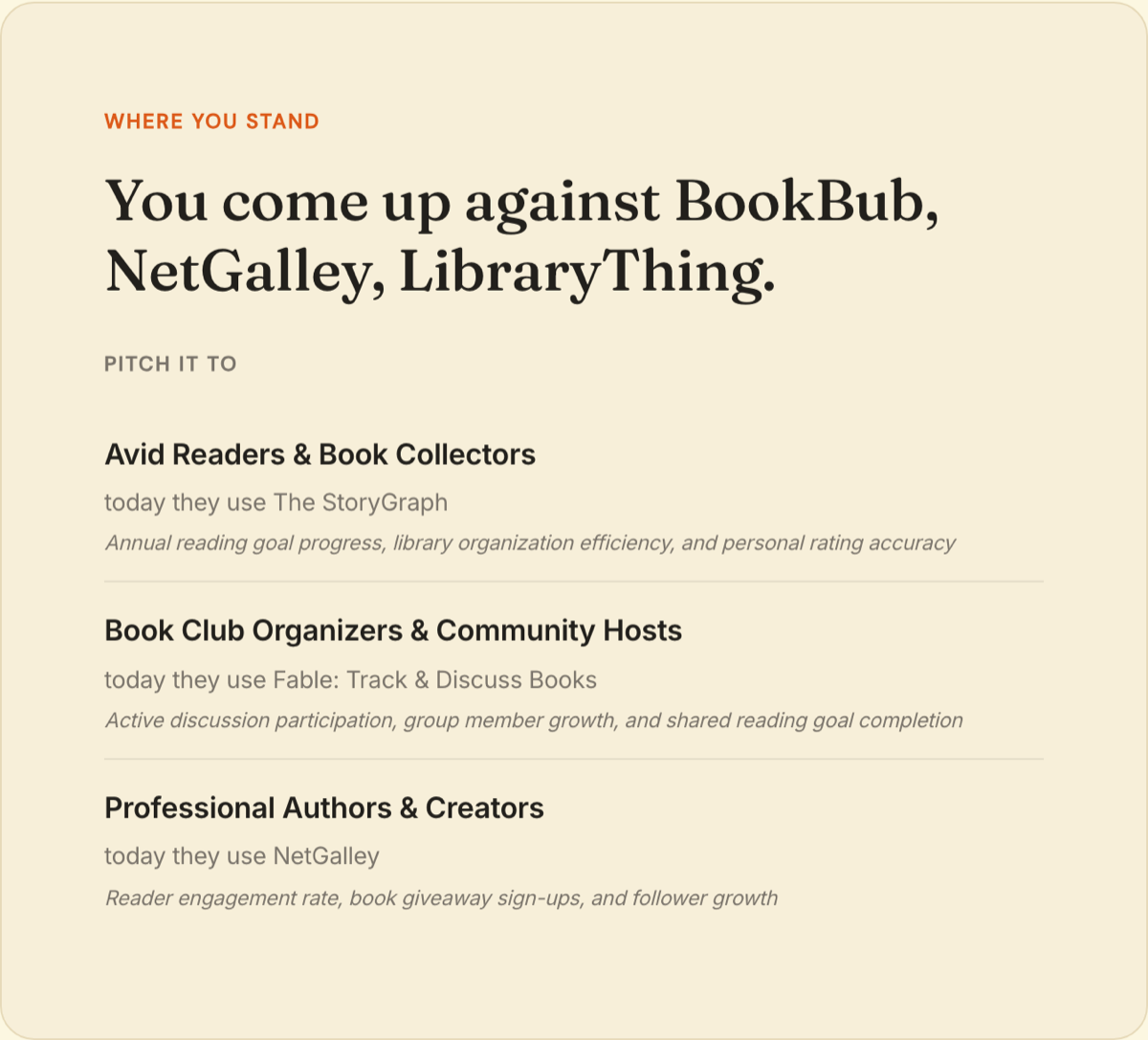 Report slide: positioning context — audience, triggers, alternatives